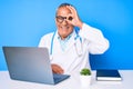 Senior handsome man with gray hair wearing doctor uniform working using computer laptop doing ok gesture with hand smiling, eye Royalty Free Stock Photo