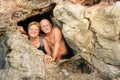Senior happy couple having fun at the entrance of Kayangan Cave Royalty Free Stock Photo