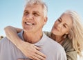 Senior, happy couple and hug on beach in care, love or support for bonding, weekend or break together. Elderly man and Royalty Free Stock Photo