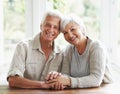 Senior, happy couple and portrait holding hands for love, romance or embrace in relationship or marriage at home. Face Royalty Free Stock Photo