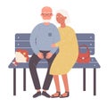 Senior happy couple sitting on wooden bench