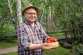 Senior happy farmer smiling and holding ripe organic tasty strawberries in wooden bowl at garden. Gardening and growing berries