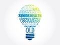 Senior health light bulb word cloud collage, social concept background Royalty Free Stock Photo