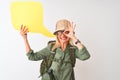 Senior hiker woman wearing canteen holding speech bubble over isolated white background with happy face smiling doing ok sign with Royalty Free Stock Photo