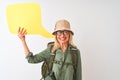Senior hiker woman wearing canteen holding speech bubble over isolated white background with a happy face standing and smiling Royalty Free Stock Photo