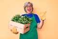 Senior hispanic woman wearing gardener apron and gloves holding plant wooden pot pointing thumb up to the side smiling happy with Royalty Free Stock Photo