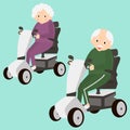 Senior Lady and Man on a Mobility Scooter. Elderly people moving on scooter. Elderly transport. Vector illustration Royalty Free Stock Photo