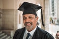 Senior lawyer, graduation and portrait of man in street, city or outdoor with smile. Elderly attorney, face or happy Royalty Free Stock Photo