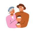 Senior love couple with coffee cups on date. Modern elderly man and woman, old husband and wife in romantic relationship