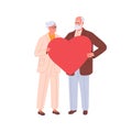 Senior love couple holding large heart in hands together. Elderly man and woman in romantic relationships. Happy old