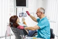 Senior male dentist in dental office talking with young girl patient and preparing for treatment. Examining x-ray image. Royalty Free Stock Photo