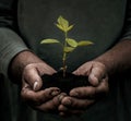 Senior male hands carrying small plant