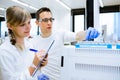 Two young researchers carrying out experiments in a lab Royalty Free Stock Photo