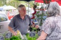 Senior male serving female customer at farmers market stall for Royalty Free Stock Photo