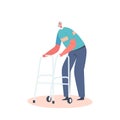 Senior Man, Aged Grandfather Moving with Help of Front-wheeled Walker. Character Use Walking Frame, Cheerful Pensioner Royalty Free Stock Photo