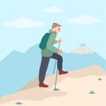 Senior man with backpack hiking outdoor in park. Old man walking with sticks. Isolated elderly man personage leading