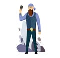 Senior Man Biker Talking Cell Smart Phone Flat Vector Illustration. Man with a beard photographs. Sephi vector concept.