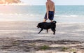 The Senior man with black labrador dog running at the beach Royalty Free Stock Photo