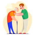 Senior man with a cane and a young man helping him. Vector illustration