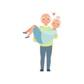 Senior man carring woman in his arms, elderly romantic couple in love vector Illustration on a white background