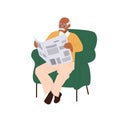 Senior man cartoon retiree character reading newspaper sitting in home armchair isolated on white
