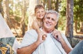 Senior man, child and camping portrait outdoor in nature with a smile, fun and family travel. Happy grandpa and kid Royalty Free Stock Photo