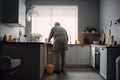 Senior man cleaning home at home back view, concept of Home care, created with Generative AI technology
