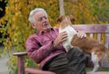 Old man with dog on bench in park Royalty Free Stock Photo