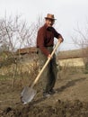 Senior man digging in the vegetable garden Royalty Free Stock Photo