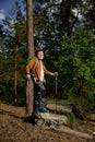 Senior man discoverer rest outdoors having excited wandering in forest Royalty Free Stock Photo