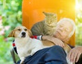 Senior man with dog and cat Royalty Free Stock Photo