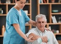 Senior man, dumbbell and physiotherapy rehabilitation nurse help for fitness, muscle and support. Healthcare Royalty Free Stock Photo