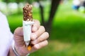 Active senior man eating a protein bar Royalty Free Stock Photo