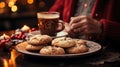 Senior Man Enjoying A Cup of Holiday Coffee and Christmas Chocolate Chip Cookies - Generative AI
