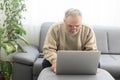 Senior man with eyeglasses connected with laptop at home.