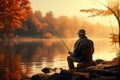 Senior man fishing on the lake on sunny autumn evening. Elderly fisherman spending time in nature. Leisure and hobbies for retired Royalty Free Stock Photo