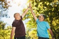 Senior man, friends and high five in nature for fitness, workout or outdoor exercise together. Happy mature people Royalty Free Stock Photo