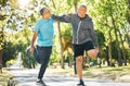 Senior man, friends and stretching in nature for running, exercise or outdoor training together at park. Mature people Royalty Free Stock Photo