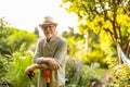 Senior man in the garden at summer day Royalty Free Stock Photo