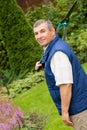 Senior man gardener cut a hedge