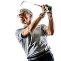 Senior man golfer golfing shadow silhouette isolated white back Royalty Free Stock Photo