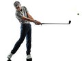 Senior man golfer golfing shadow silhouette isolated white background Royalty Free Stock Photo