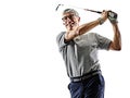 Senior man golfer golfing  shadow silhouette isolated white background Royalty Free Stock Photo