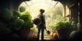 Senior man in greenhouse with vegetables, back view, gardening concept. Generative AI