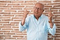 Senior man with grey hair standing over bricks wall celebrating surprised and amazed for success with arms raised and eyes closed Royalty Free Stock Photo