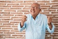 Senior man with grey hair standing over bricks wall excited for success with arms raised and eyes closed celebrating victory Royalty Free Stock Photo