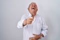 Senior man with grey hair standing over isolated background laughing at you, pointing finger to the camera with hand over body, Royalty Free Stock Photo