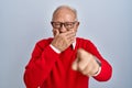 Senior man with grey hair standing over isolated background laughing at you, pointing finger to the camera with hand over mouth, Royalty Free Stock Photo