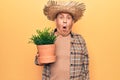 Senior man with grey hair wearing gardener hat holding plant pot scared and amazed with open mouth for surprise, disbelief face