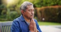 Senior, man or hands praying outdoor for religion, worship and support for jesus christ in garden of home. Elderly Royalty Free Stock Photo